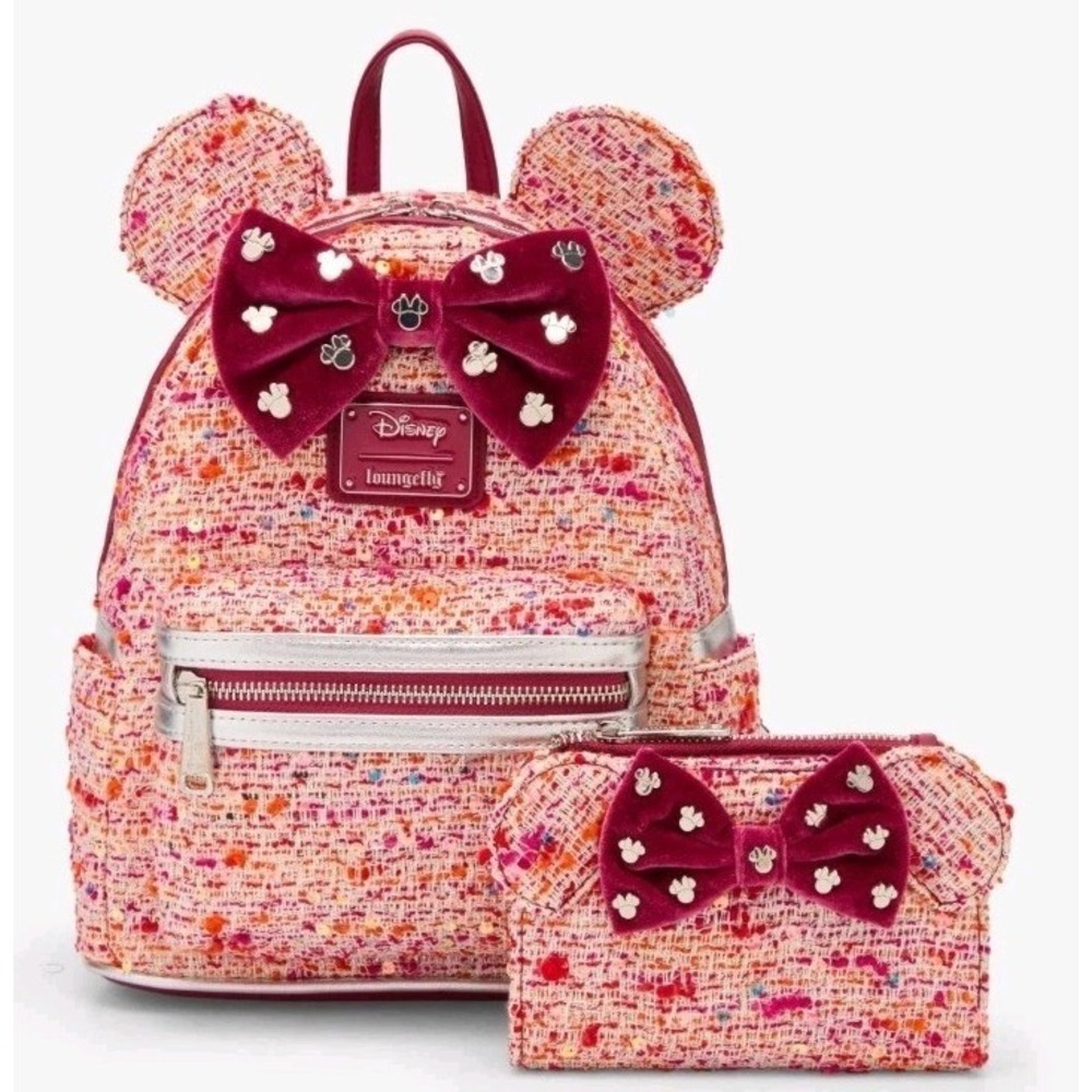 Loungefly Pink Bouclé Fabric Minnie Mouse Ears Mini Backpack and Wallet Set NEW